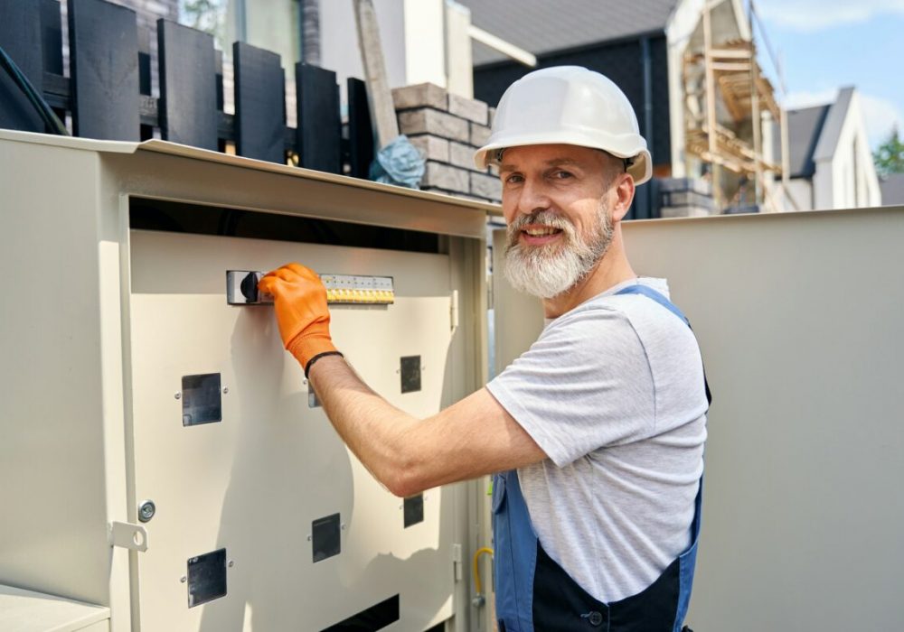 Pleased electrical engineer restoring electricity supply to house Pleased electrical engineer restoring electricity supply to house